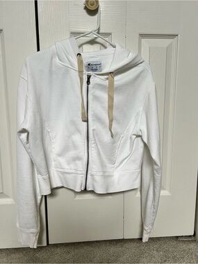 Champion White Cropped Zip-Up Hoodie with Tan Drawcords